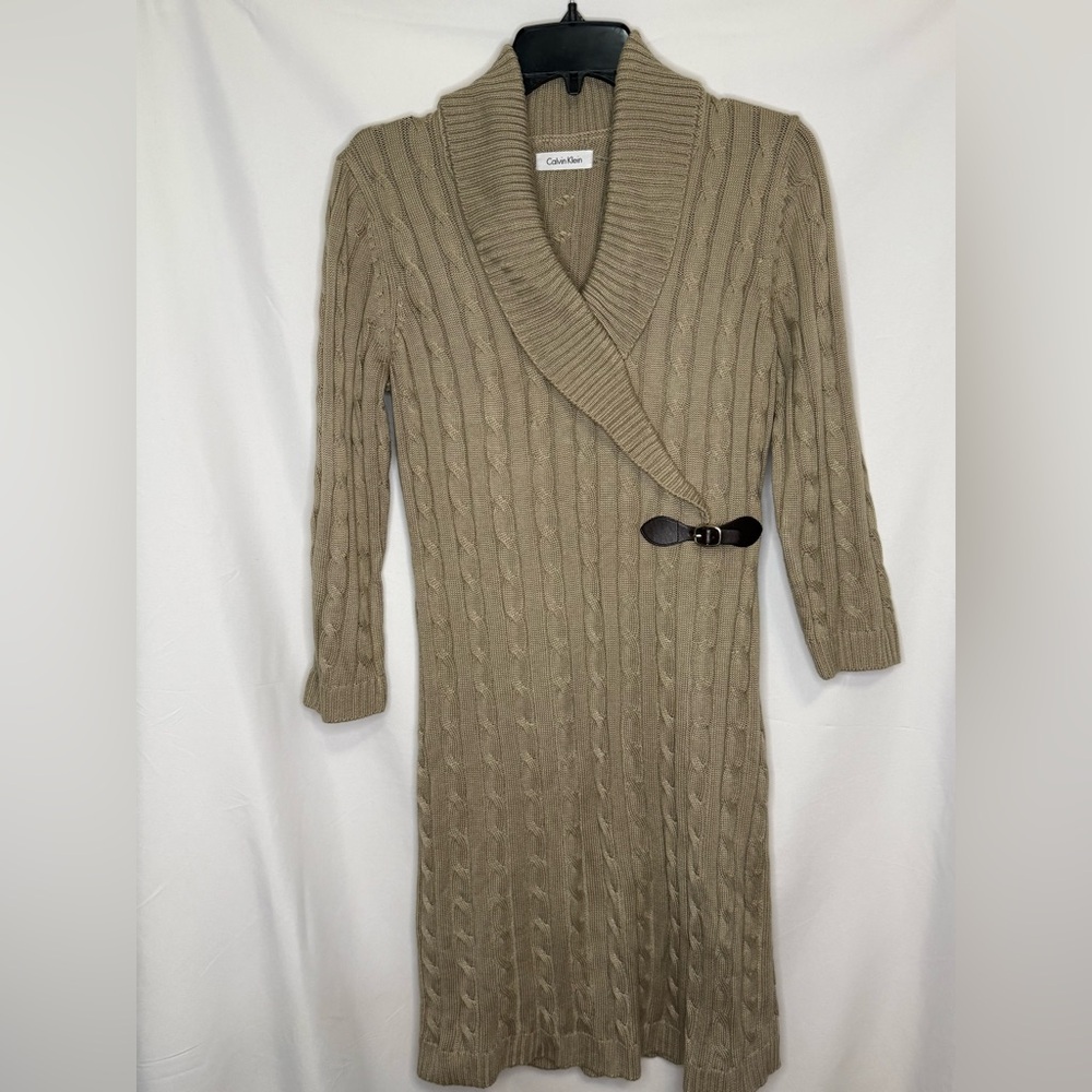 Calvin Klein Cable Knit Sweater Dress M Tan Shawl Collar Wrap Belted Midi